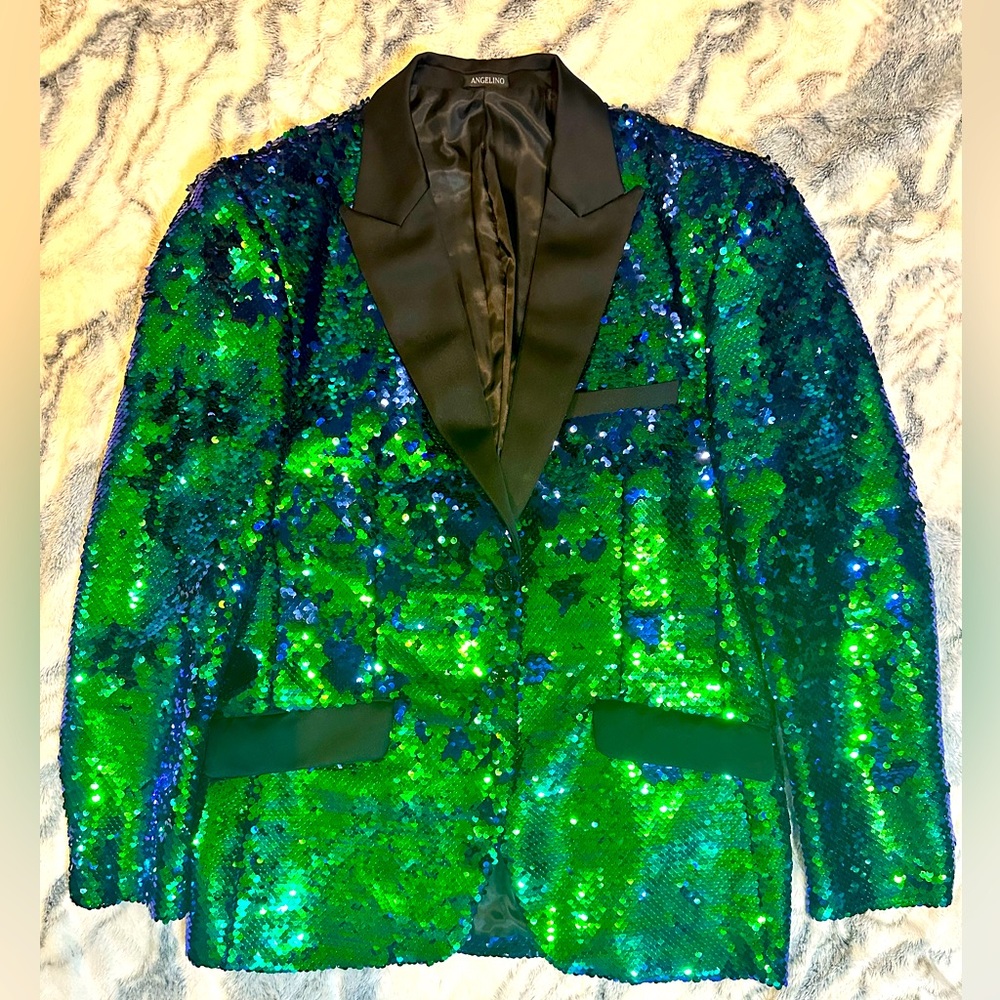 Men’s blue/green reversible sequin jacket